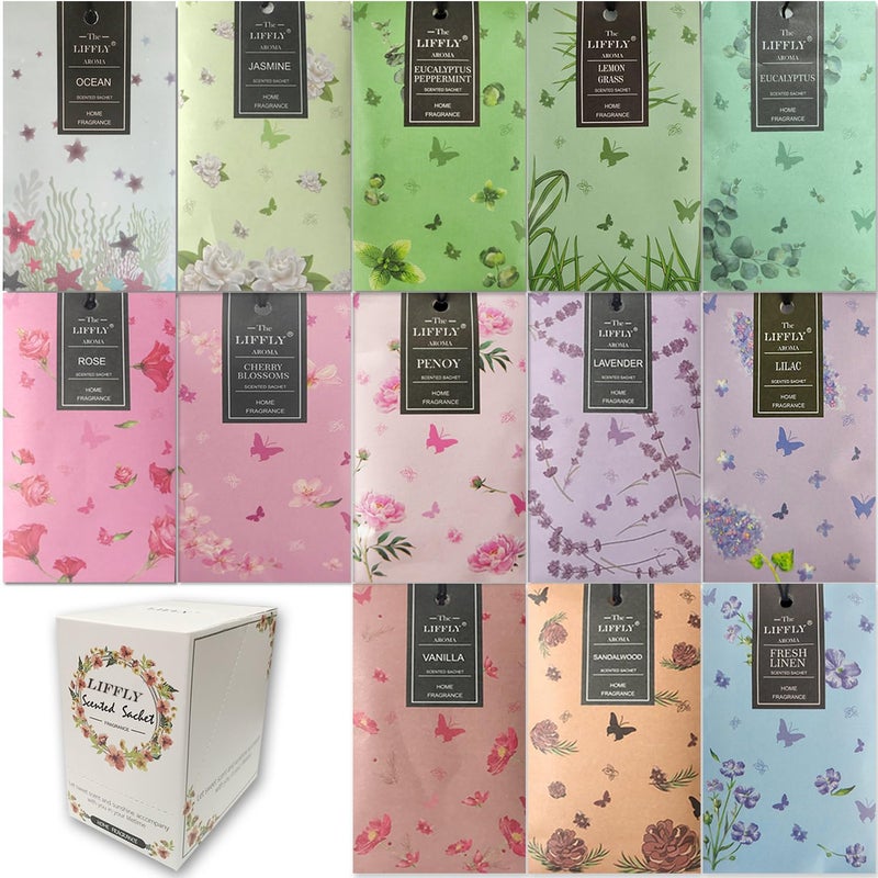 Liffly 13 Scents Scented Sachets For Drawers And Closets 14 Packs Lavender Rose Jasmine Ocean Vanilla Sandalwood Fresh Linen Cherry Blossoms Lilac Eucalyptus Peppermint Lemongrass Peony Gift Box - Image 2