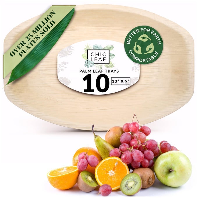 ALL NATURAL COMPOSTABLE DISPOSABLE RECTANGULAR 13 X 9 PALM LEAF SERVING TRAY FOR EVENTS CHARCUTERIE BOARD CATERING WEDDINGS DISPOSABLE PLATES PARTY SUPPLIES 10 PC