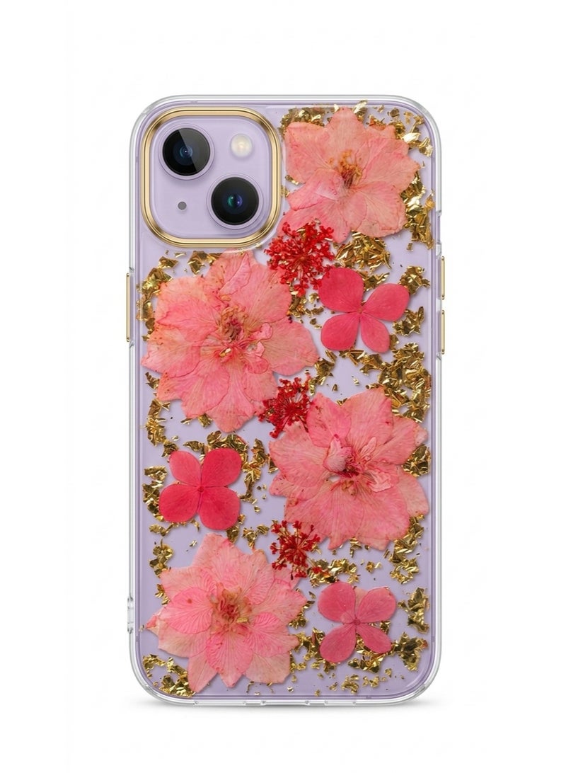 أتش أم سي جراب أنيق بتصميم نباتي لهاتف iPhone 14 Plus/Max مزين بنقوش زهور وأوراق ذهبية - Image 1