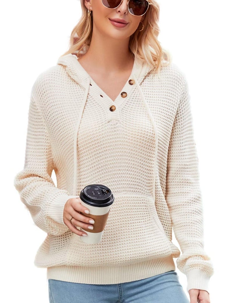 CiCiBird Women Fall Hoodies Sweater Knit V Neck Tops Oversized Fashion Pullover Casual Long Sleeve Shirts with Pockets Apricot M