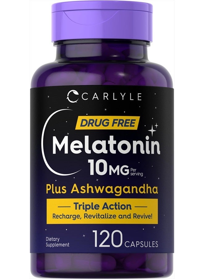 Carlyle ميلاتونين 10 ملغ | 120 كبسولة | مع أشواغاندا | تركيبة ثلاثية القوة | مكمل خالي من الكائنات المعدلة وراثيًا وخالي من الغلوتين - Image 1