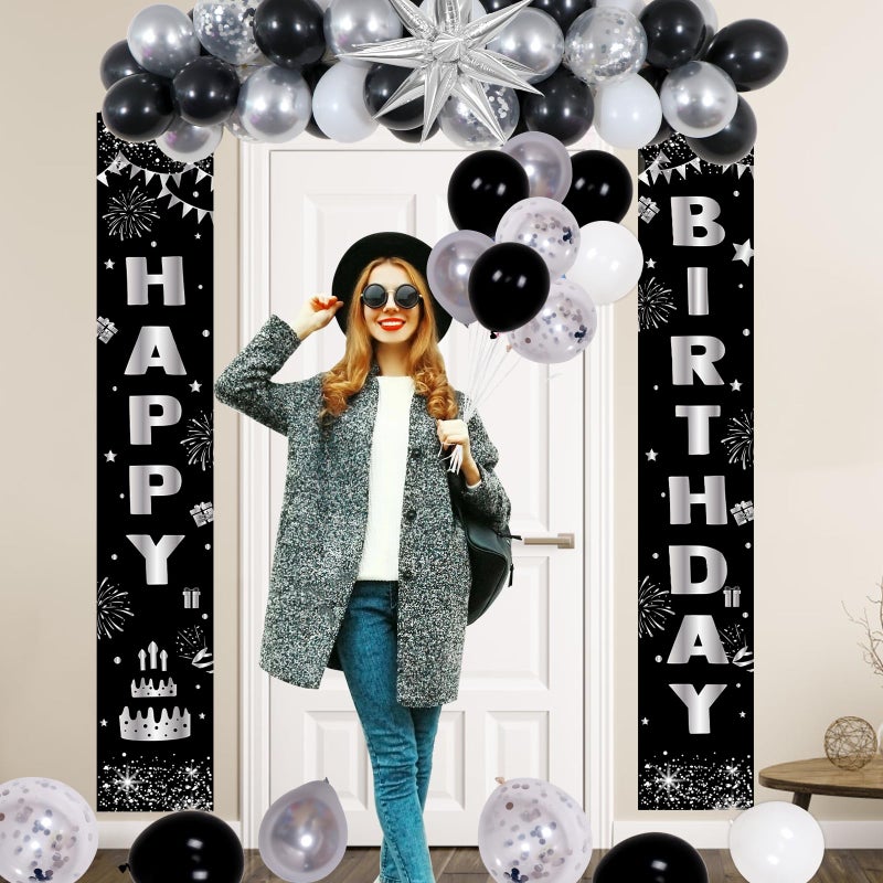 Distasio Black and Silver Birthday Decorations for Men Women Boys Girls, Happy Birthday Decorations Black and White, Happy Birthday Banner Balloons Tablecover Fringe Curtain Door Banner, Birthday Party Decor - Image 5