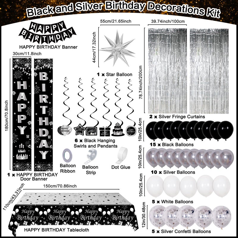 Distasio Black and Silver Birthday Decorations for Men Women Boys Girls, Happy Birthday Decorations Black and White, Happy Birthday Banner Balloons Tablecover Fringe Curtain Door Banner, Birthday Party Decor - Image 2