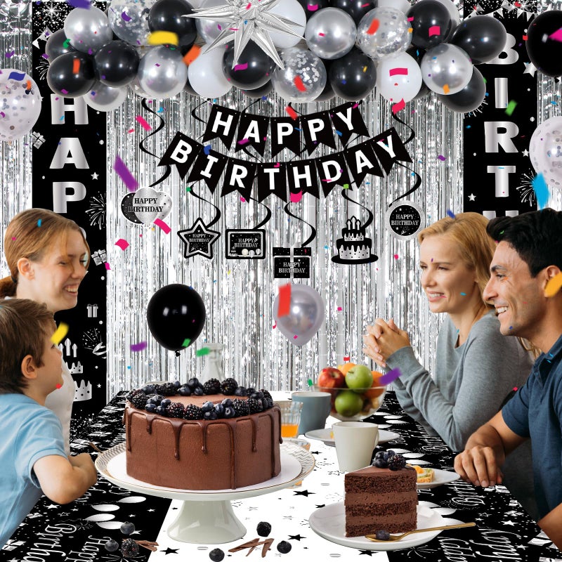Distasio Black and Silver Birthday Decorations for Men Women Boys Girls, Happy Birthday Decorations Black and White, Happy Birthday Banner Balloons Tablecover Fringe Curtain Door Banner, Birthday Party Decor - Image 3