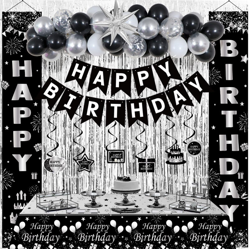 Distasio Black and Silver Birthday Decorations for Men Women Boys Girls, Happy Birthday Decorations Black and White, Happy Birthday Banner Balloons Tablecover Fringe Curtain Door Banner, Birthday Party Decor - Image 1