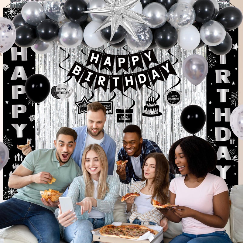 Distasio Black and Silver Birthday Decorations for Men Women Boys Girls, Happy Birthday Decorations Black and White, Happy Birthday Banner Balloons Tablecover Fringe Curtain Door Banner, Birthday Party Decor - Image 4