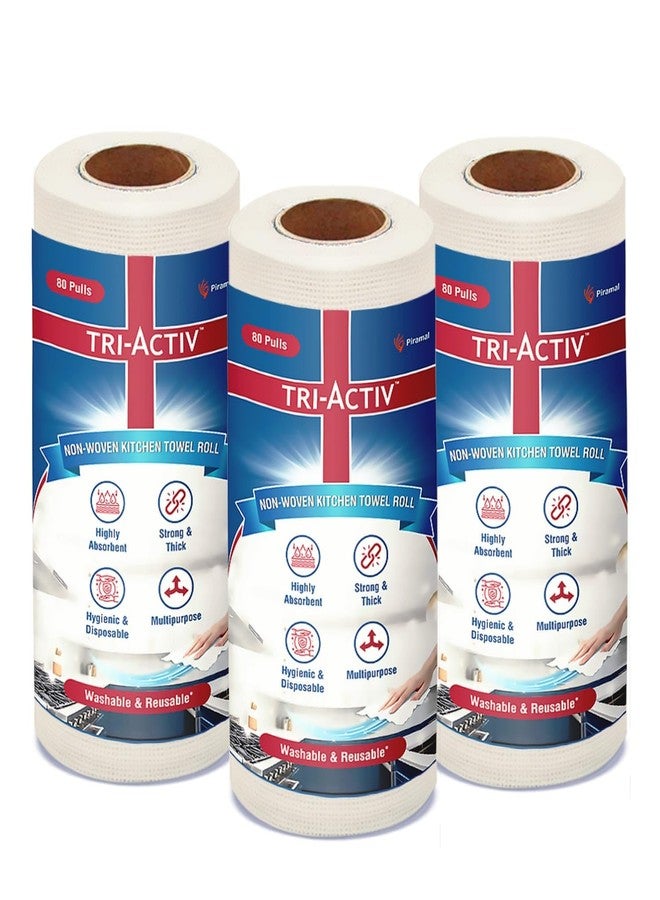 Tri-Activ Washable & Reusable Kitchen Towel Roll | 80 Pulls per Roll, 240 Sheets Pack of 3 | Highly Absorbent Kitchen Tissue Roll | Non Woven Fabric | Better alternative to Paper Tissue Roll | White - Image 1