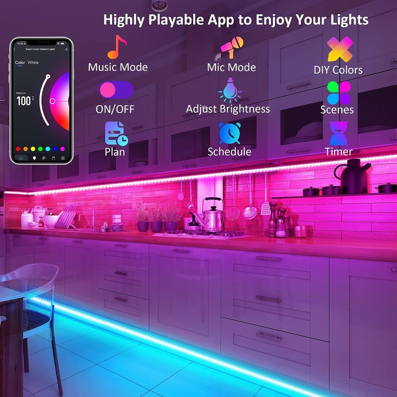 maylit 8 PCS 3.3FT Smart RGB Under Cabinet Lights Kit | Works with Alexa & Google Assistant, App Remote Control, Music Sync, Timer, Dimmable - Image 5