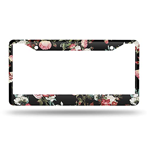 Beabes Vintage Pink Cream Roses License Plate Frame Dark Flower Novelty License Plate Frame Romantic License Plate Cover Car Tag Holder Metal License Plate Frame for US Vehicles Standard - Image 2