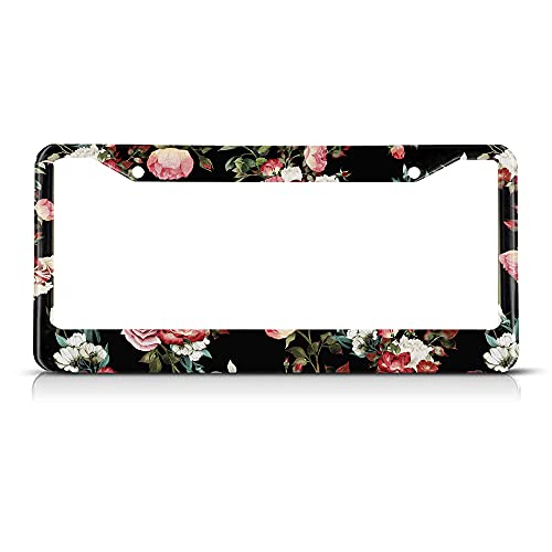 Beabes Vintage Pink Cream Roses License Plate Frame Dark Flower Novelty License Plate Frame Romantic License Plate Cover Car Tag Holder Metal License Plate Frame for US Vehicles Standard - Image 1