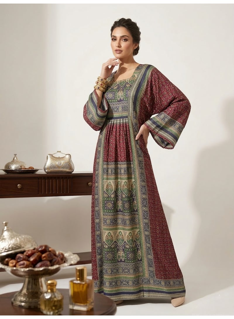 قفطان عنابي بنقوش فسيفسائية ولمسات زمردية - Image 1