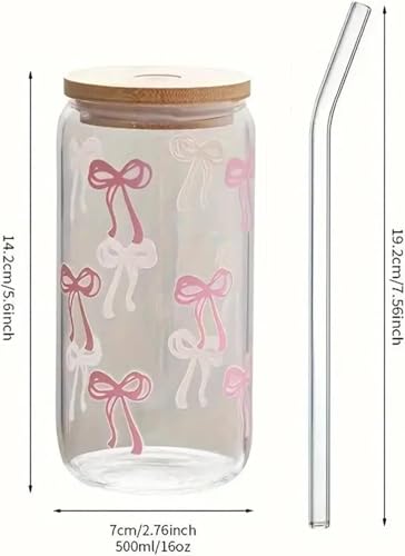 FMJZJF Pink Bow Tumbler with Straw and Lid Aesthetic Glass Cups Iced Coffee Cup Pink Cute Glass Cups 17oz Tumbler Smoothie, Gifts for Girls Women Friends, 500ml - Image 2
