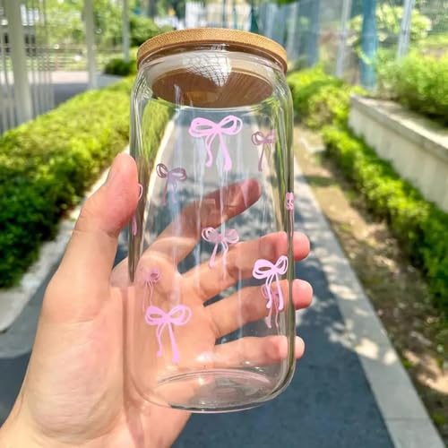 FMJZJF Pink Bow Tumbler with Straw and Lid Aesthetic Glass Cups Iced Coffee Cup Pink Cute Glass Cups 17oz Tumbler Smoothie, Gifts for Girls Women Friends, 500ml - Image 4