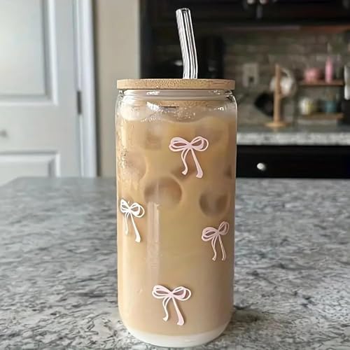 FMJZJF Pink Bow Tumbler with Straw and Lid Aesthetic Glass Cups Iced Coffee Cup Pink Cute Glass Cups 17oz Tumbler Smoothie, Gifts for Girls Women Friends, 500ml - Image 1