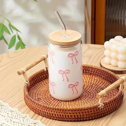 FMJZJF Pink Bow Tumbler with Straw and Lid Aesthetic Glass Cups Iced Coffee Cup Pink Cute Glass Cups 17oz Tumbler Smoothie, Gifts for Girls Women Friends, 500ml - Image 5