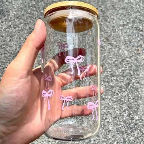 FMJZJF Pink Bow Tumbler with Straw and Lid Aesthetic Glass Cups Iced Coffee Cup Pink Cute Glass Cups 17oz Tumbler Smoothie, Gifts for Girls Women Friends, 500ml - Image 3