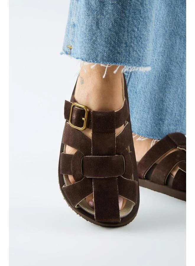 Benito Women's Genuine Leather Buckle Caged Coffee Slippers.