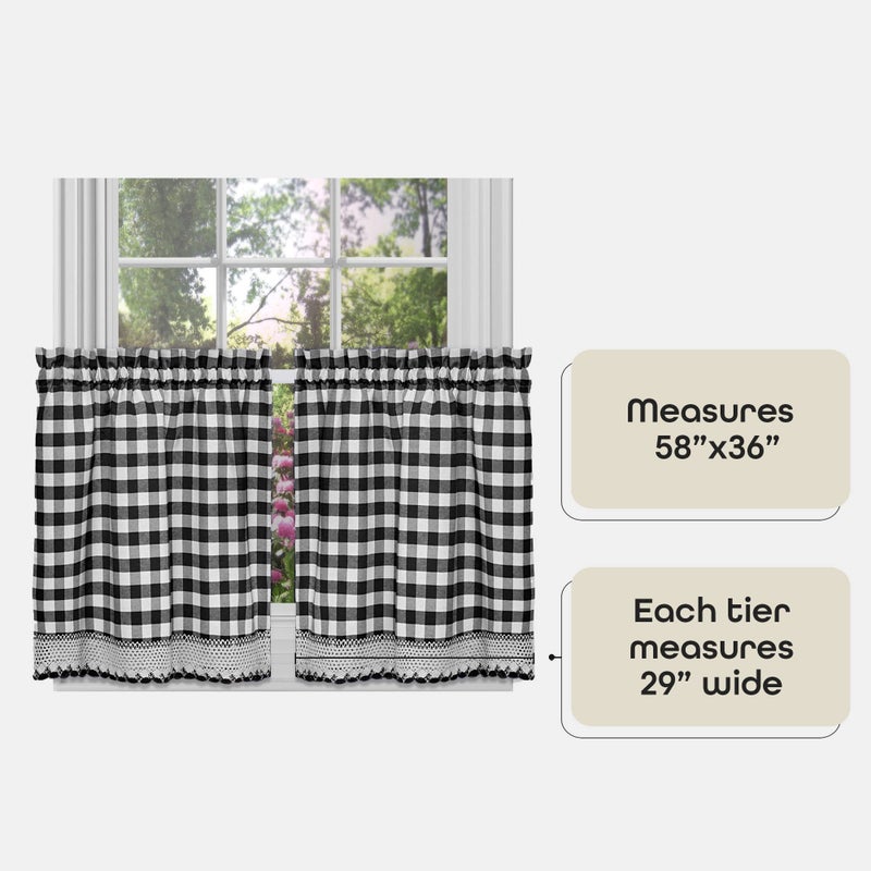 ACHIM Buffalo Check Tier Pair Window Curtain Set - 58 Inch Width, 36 Inch Length - Black & White Plaid Drapes - Light Filtering Drapes for Kitchen, Bedroom, Living & Dining Room Home Decor - Image 4