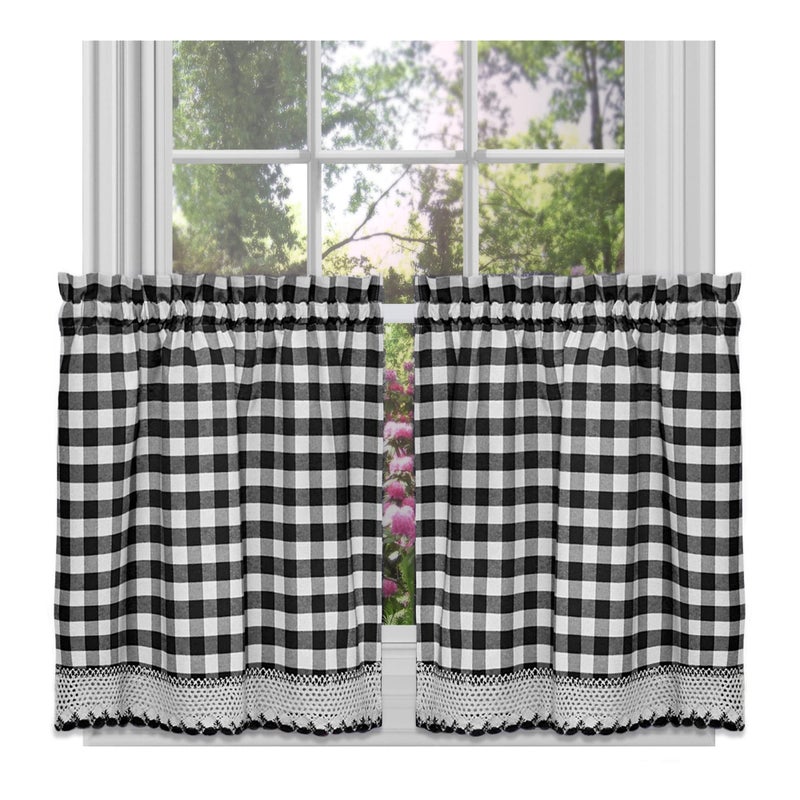 ACHIM Buffalo Check Tier Pair Window Curtain Set - 58 Inch Width, 36 Inch Length - Black & White Plaid Drapes - Light Filtering Drapes for Kitchen, Bedroom, Living & Dining Room Home Decor - Image 1
