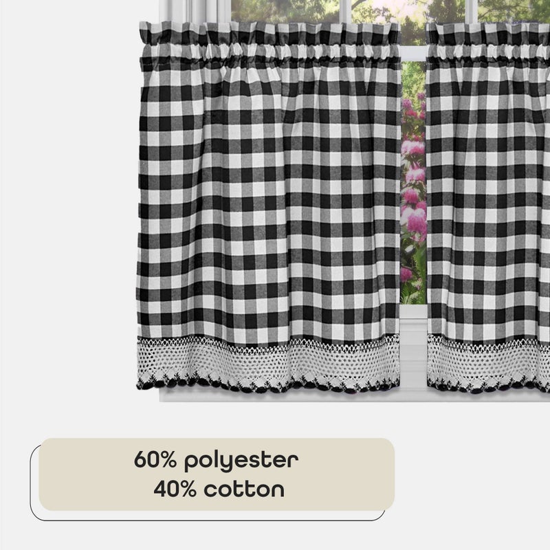 ACHIM Buffalo Check Tier Pair Window Curtain Set - 58 Inch Width, 36 Inch Length - Black & White Plaid Drapes - Light Filtering Drapes for Kitchen, Bedroom, Living & Dining Room Home Decor - Image 3
