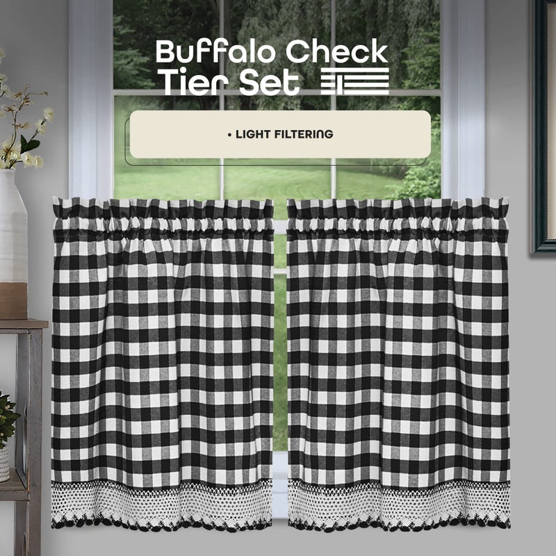 ACHIM Buffalo Check Tier Pair Window Curtain Set - 58 Inch Width, 36 Inch Length - Black & White Plaid Drapes - Light Filtering Drapes for Kitchen, Bedroom, Living & Dining Room Home Decor - Image 2