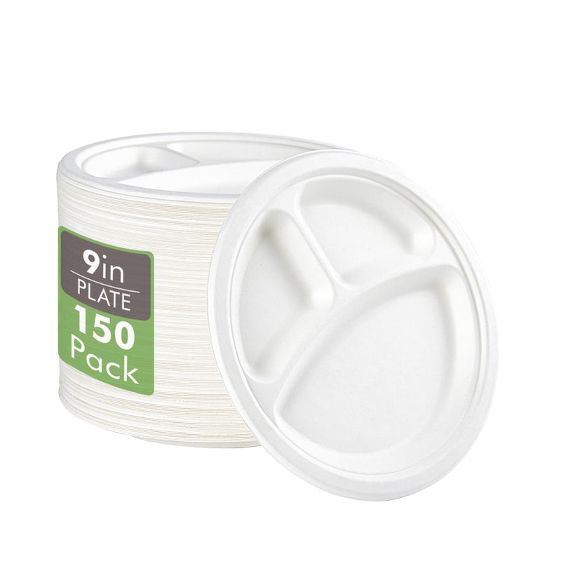 Vplus 100 Compostable Paper Plates 150 Pack 9 Inch 3 Compartment Plates Disposable Heavy Duty Biodegradable Plates Made of Sugar Cane Fibers for Daily meals Dinner Parties BBQ