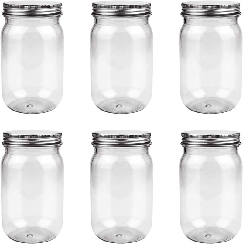 Fireboomoon 6 Pack 16 Ounce Clear Plastic Mason Jars Food Storage Containers With Screw Sealing Metal Tinplate Lids, Refillable Empty PET Plastic Slime Candy Storage Jars for Home Kitchen Art Craft - Image 1