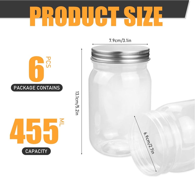 Fireboomoon 6 Pack 16 Ounce Clear Plastic Mason Jars Food Storage Containers With Screw Sealing Metal Tinplate Lids, Refillable Empty PET Plastic Slime Candy Storage Jars for Home Kitchen Art Craft - Image 2