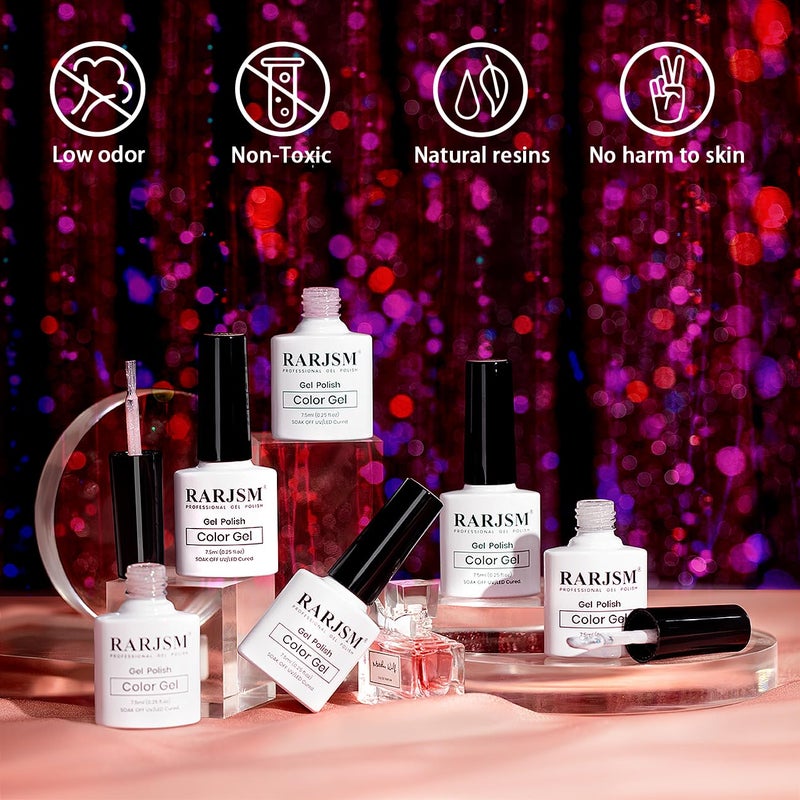 RARJSM طقم طلاء أظافر جل لامع RARJSM 6 قطع - طلاء أظافر قزحي لامع مع صبغة جلي مائية بلون رمادي وردي حليبي خوخي بنفسجي شفاف بلون البشرة الطبيعي 7.5 مل قابل للإزالة - Image 2