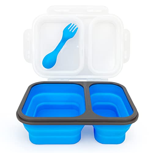 Lunbengo 2 Compartments Collapsible Airtight Bento Box with Ideal Portion 600ml & 450ml and 2 in 1 Spoon & Fork, Food Grade Silicone Lunch Container for Adults Work Travel, Microwave Safe - Image 1