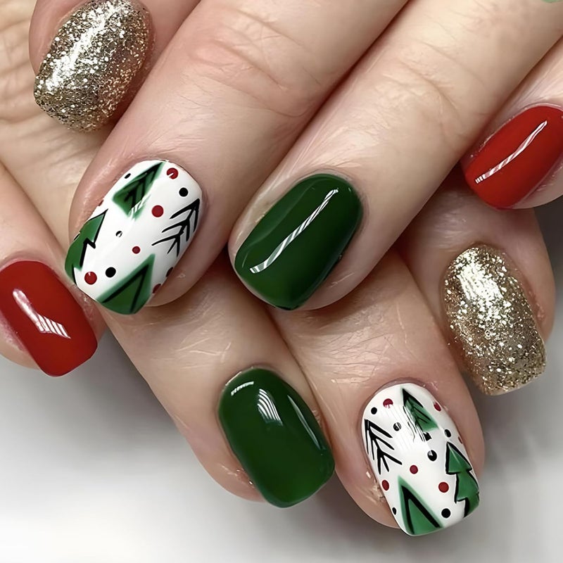 WULIUFLY Salt resistant coating Christmas Press on Nails Short Square Fake Nails Glitter Green Acrylic Nails Kit with Christmas Tree Design Cute Xmas Nails Full Cover Artificial False Nails Christmas Glue on Nails for Women 24Pcs Longevity upgraded craftsmanship - Image 1