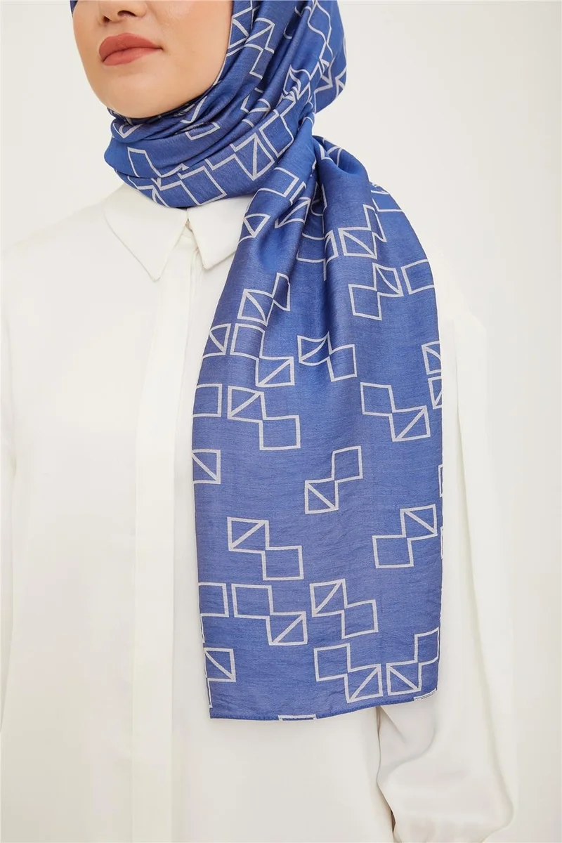 ARMINE Trend Denim Blue Geometric Pattern Pure Lina Shawl 15-23047