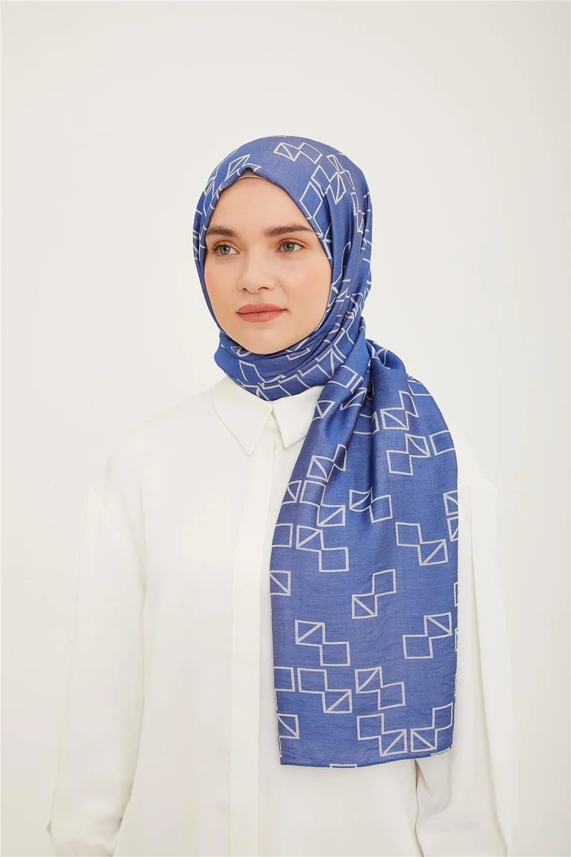 ARMINE Trend Denim Blue Geometric Pattern Pure Lina Shawl 15-23047