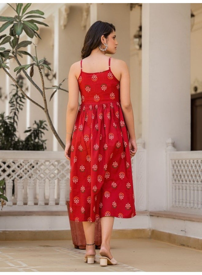 أيه كيه إس فستان صيفي ميدي بحمالات رفيعة أحمر - Image 4