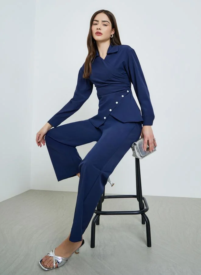 Blue Asymmetric Hem Wrap Top and Pants Co-Ords