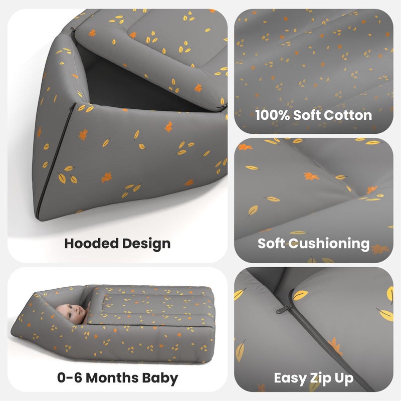 Cherilo Cherilo 3 in 1 Baby Bed, Sleeping Bag & Carry Nest, Cotton Baby Bedding for New Born & Infant, Portable Bassinet, for Baby Carrying & Unisex Baby Sleeping Bed, 0M+ (Grey Leaf) - Image 2