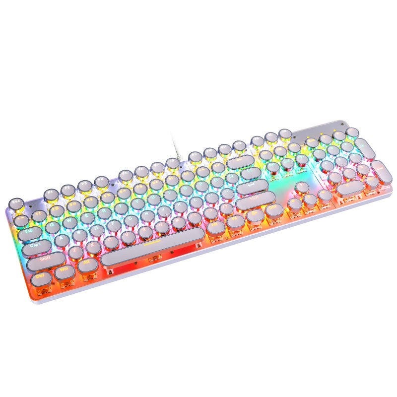 YSCP Typewriter Style Mechanical Gaming Keyboard Rainbow Backlit Wired with Blue Switch Retro Round Keycap 104 Keys Keyboard (L-White) - Image 1