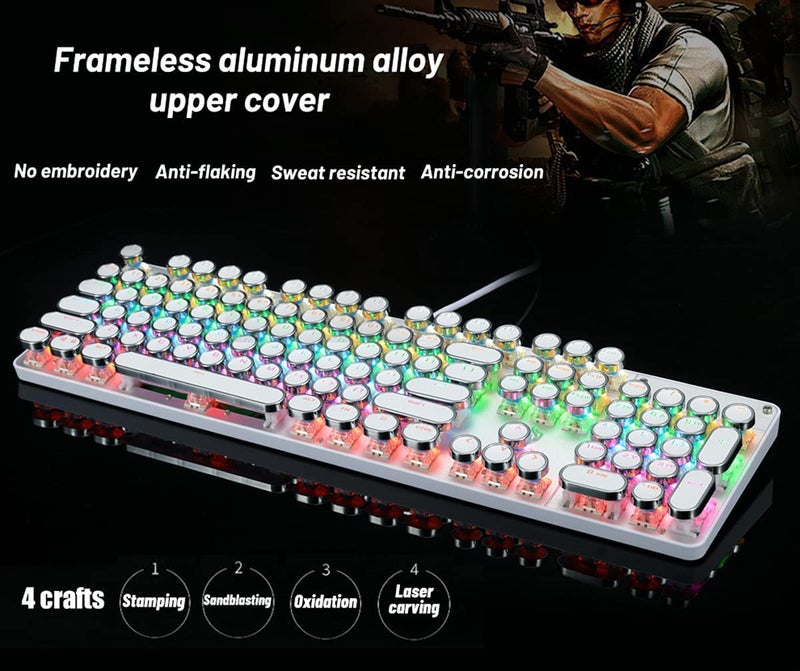 YSCP Typewriter Style Mechanical Gaming Keyboard Rainbow Backlit Wired with Blue Switch Retro Round Keycap 104 Keys Keyboard (L-White) - Image 4
