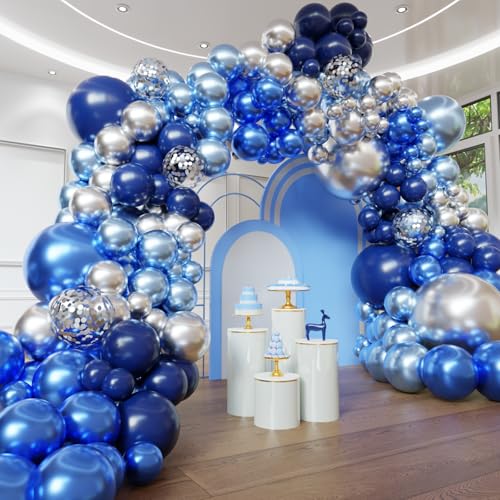 YMSZ Blue Balloon Arch Kit 102pcs Navy Blue Silver Blue Metallic Blue Difference Sizes Latex Balloons with 16ft Tape Strip Dot Glue for Baby Shower Birthday Graduation Decoration - Image 1