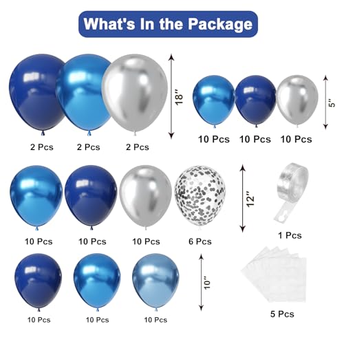 YMSZ Blue Balloon Arch Kit 102pcs Navy Blue Silver Blue Metallic Blue Difference Sizes Latex Balloons with 16ft Tape Strip Dot Glue for Baby Shower Birthday Graduation Decoration - Image 5