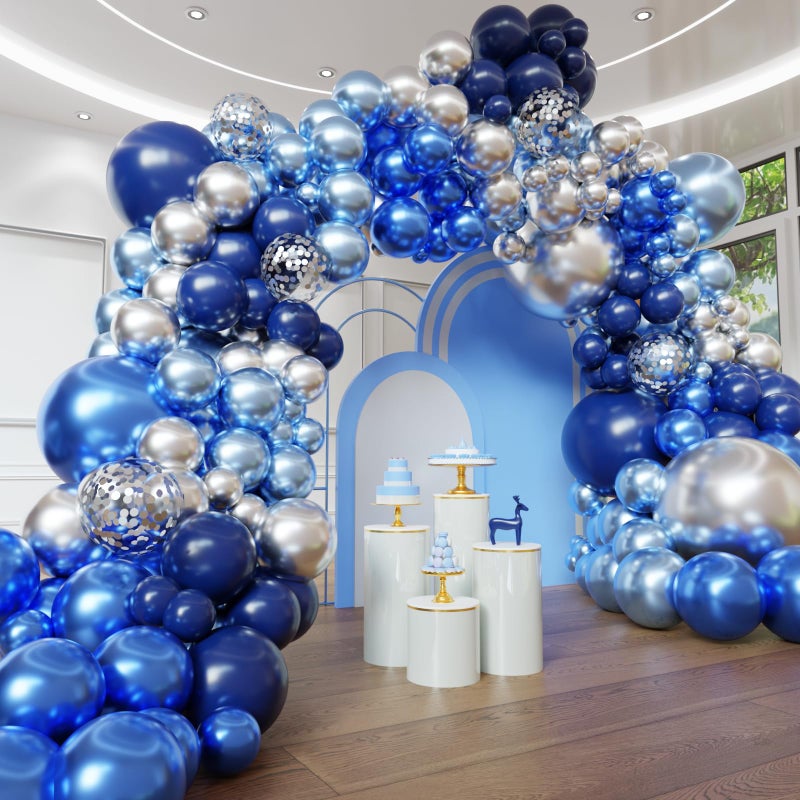 YMSZ Blue Balloon Arch Kit 102pcs Navy Blue Silver Blue Metallic Blue Difference Sizes Latex Balloons with 16ft Tape Strip Dot Glue for Baby Shower Birthday Graduation Decoration - Image 3
