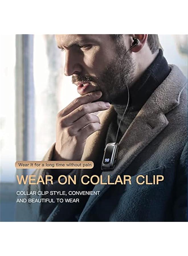 Retractable Bluetooth Headphones, Collar Clip Bluetooth Headsets Wireless Earphone Battery Display Quick Charger Handsfree Earbuds v5.2 with Microphone for Cell Phone (Black) - Image 2