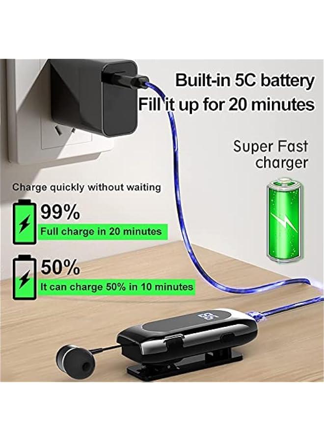 Retractable Bluetooth Headphones, Collar Clip Bluetooth Headsets Wireless Earphone Battery Display Quick Charger Handsfree Earbuds v5.2 with Microphone for Cell Phone (Black) - Image 3