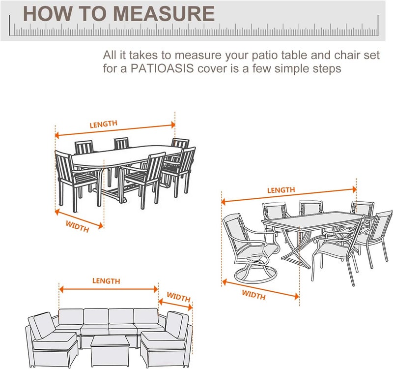 PATIOASIS غطاء طاولة طعام خارجي مستطيل للجدول والكراسي 90''L x 64''W x 28''H مقاوم للماء ثقيل الوزن 600D أغطية طاولة فناء مستطيلة مع 9 قطع من الكراسي مقاومة للتلاشي - Image 2