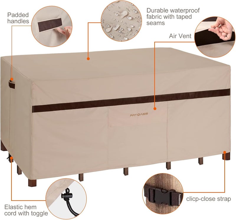 PATIOASIS غطاء طاولة طعام خارجي مستطيل للجدول والكراسي 90''L x 64''W x 28''H مقاوم للماء ثقيل الوزن 600D أغطية طاولة فناء مستطيلة مع 9 قطع من الكراسي مقاومة للتلاشي - Image 4
