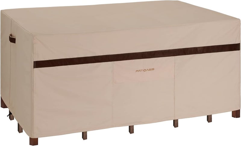 PATIOASIS غطاء طاولة طعام خارجي مستطيل للجدول والكراسي 90''L x 64''W x 28''H مقاوم للماء ثقيل الوزن 600D أغطية طاولة فناء مستطيلة مع 9 قطع من الكراسي مقاومة للتلاشي - Image 1