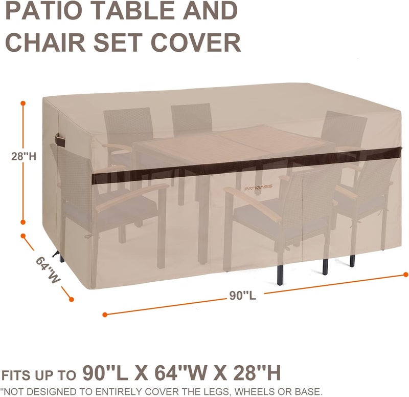 PATIOASIS غطاء طاولة طعام خارجي مستطيل للجدول والكراسي 90''L x 64''W x 28''H مقاوم للماء ثقيل الوزن 600D أغطية طاولة فناء مستطيلة مع 9 قطع من الكراسي مقاومة للتلاشي - Image 3