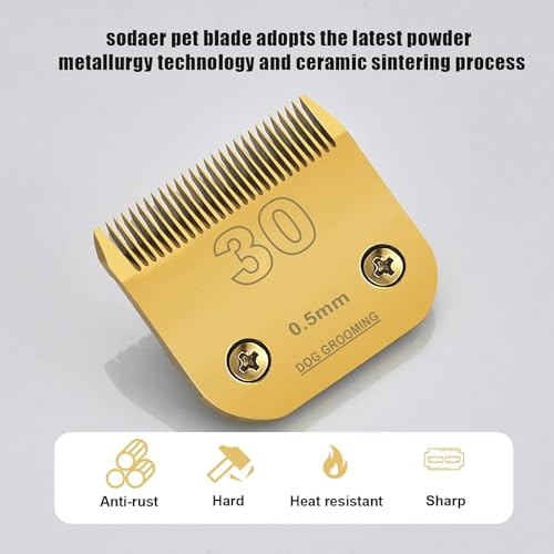 Sodaer 2 Packs #30 Clipper Blade Dog Grooming Compatible with Andis Clippers Detachable Ceramic Sharp Also Compatible with Wahl/Oster Dog Clippers1/50 0.5mm Cut Length (Gold) - Image 2