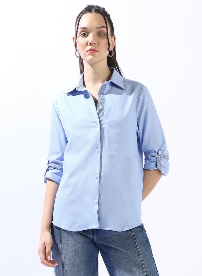 HIGH STAR Women's Blue 100% Cotton Colour Blocked Button Down Oversized Shirt - Image 5