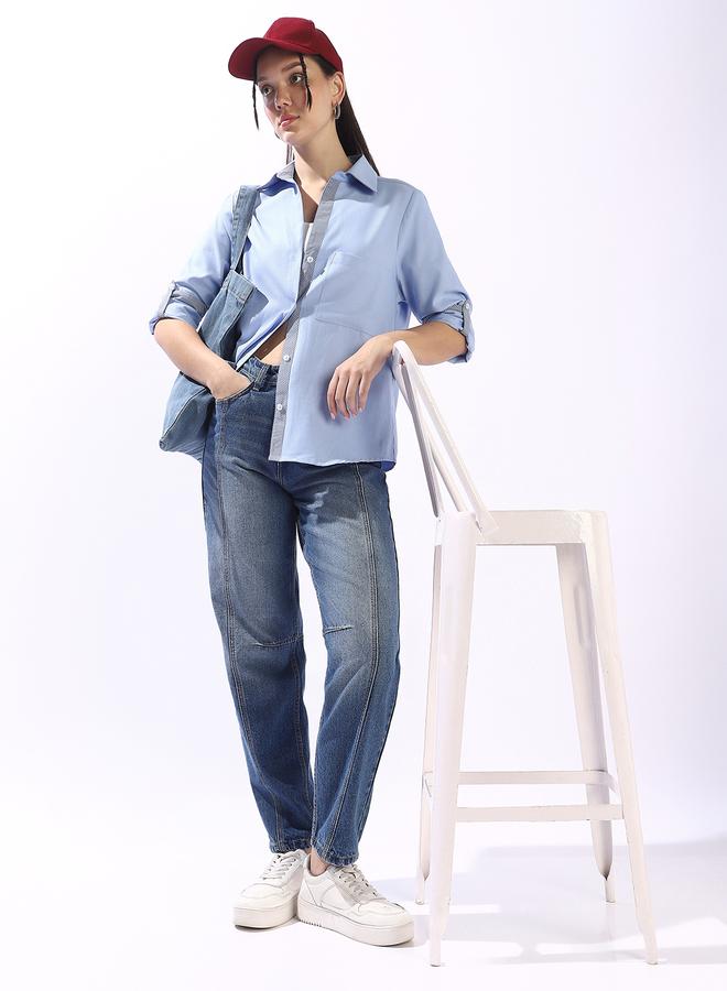 HIGH STAR Women's Blue 100% Cotton Colour Blocked Button Down Oversized Shirt - Image 2